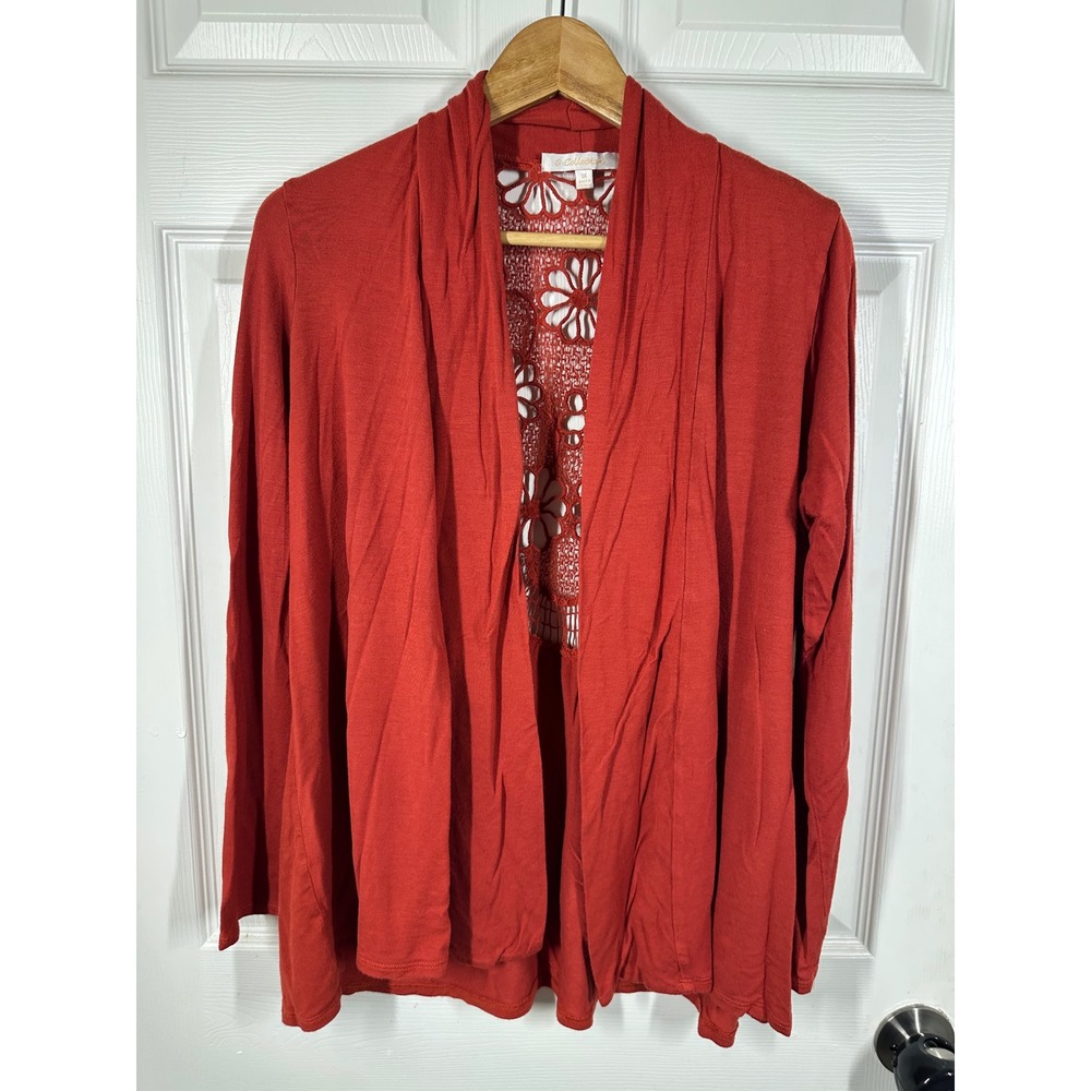 G Collection Cardigan Womens 1X Red Open Front Floral Crochet Lace Back Boho